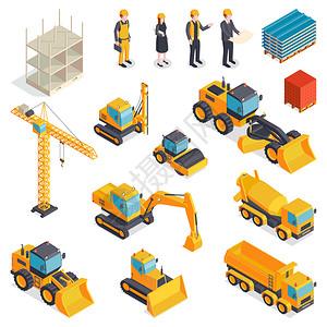 等距結構集與孤立圖像的橙色車輛,建筑機械材料,人類特征的建設者矢量